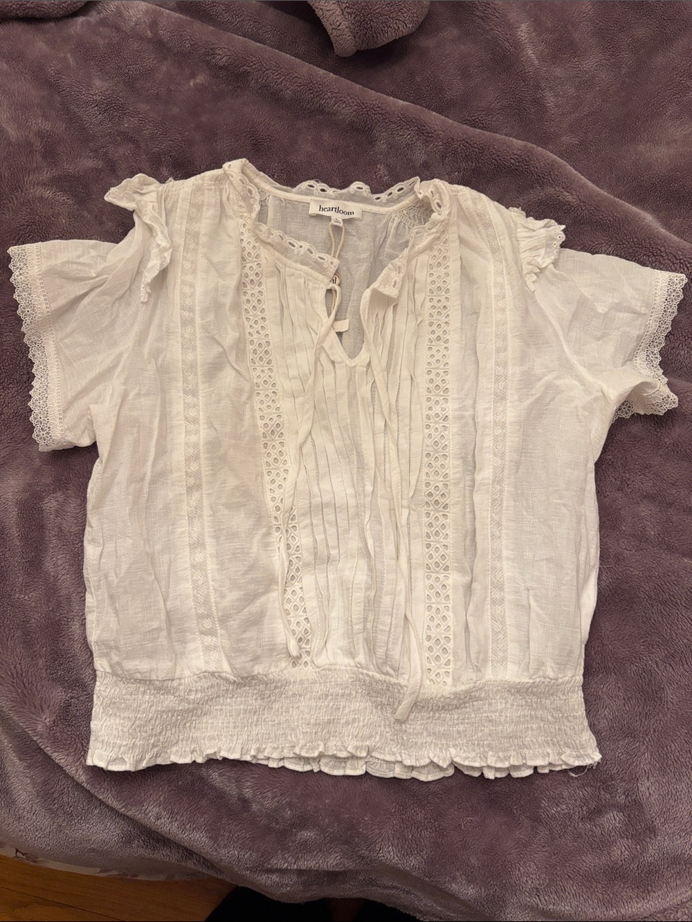 Heartloom White Lace Pintuck Peasant Blouse Shirt Top Size Large